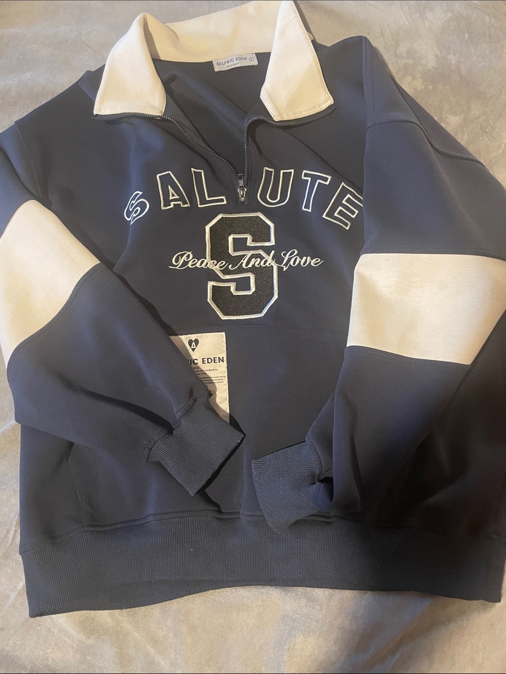 Aelfric Eden Navy and White Half-Zip Sweatshirt with 'Salute' Logo